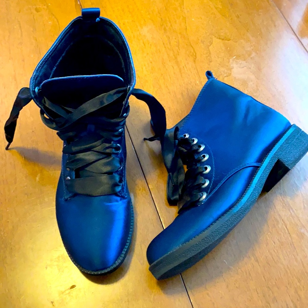 Vegan Blue Shiny Satin-like Combat Boots